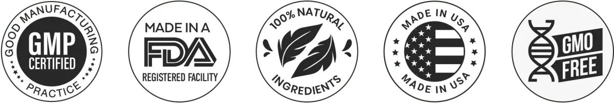 GMP certified, made in an FDA-registered facility, 100% natural ingredients, made in USA and GMO free marks