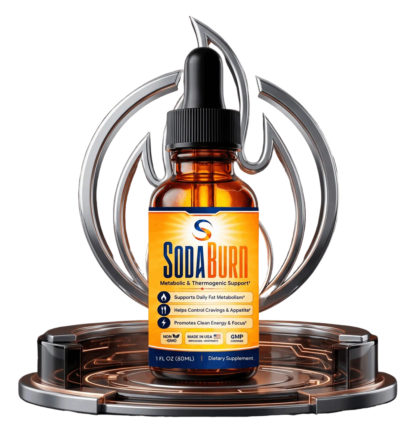 A bottle of SodaBurn liquid dietary supplement